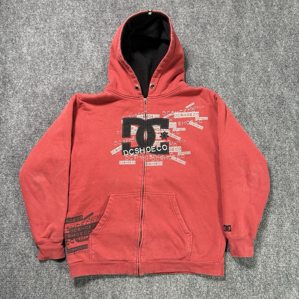 Vintage DC Shoes Sherpa Lined Hoodie Men's Large Red Y2K Full Zip Skateboard